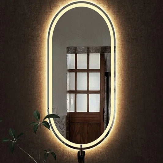 Sandblasted Oval Mirror with Warm LED Lighting – 60 x 150 cm | Wood Frame and Oval Glass